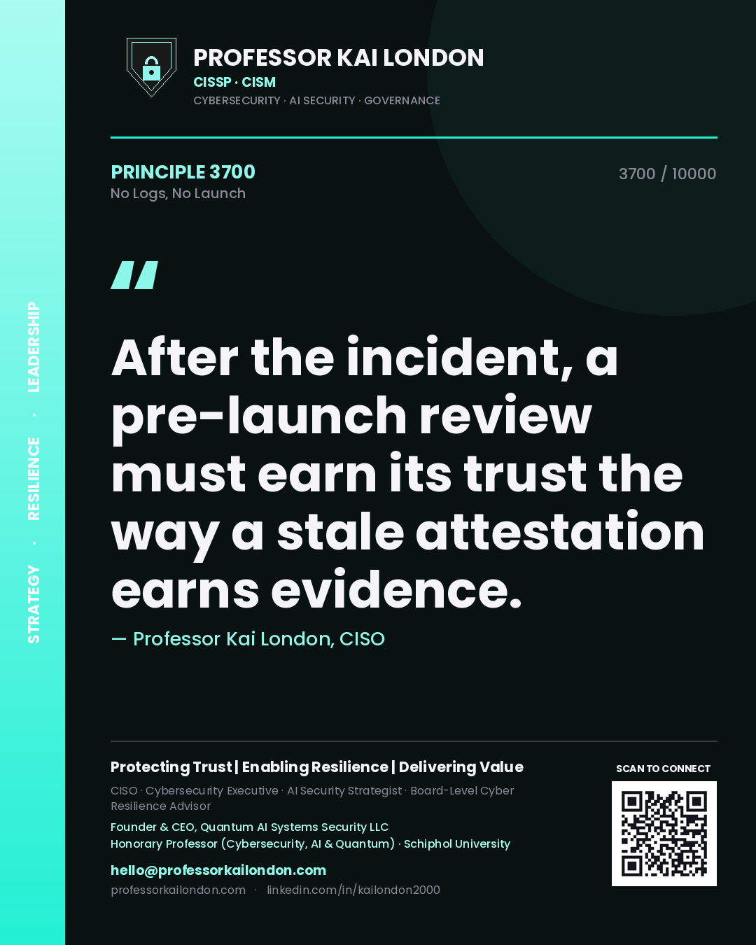 Professor Kai London principle 3700: After the incident, a pre-launch review must earn its trust the way a stale attestation earns evidence.