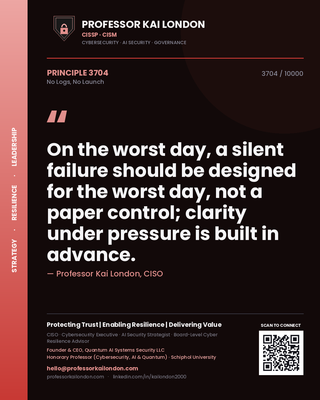 Quote card by Professor Kai London reading 'On the worst day, a silent failure should be designed for the worst day, not a paper control; clarity under pressure is built in advance.'. From the book No Logs, No Launch.