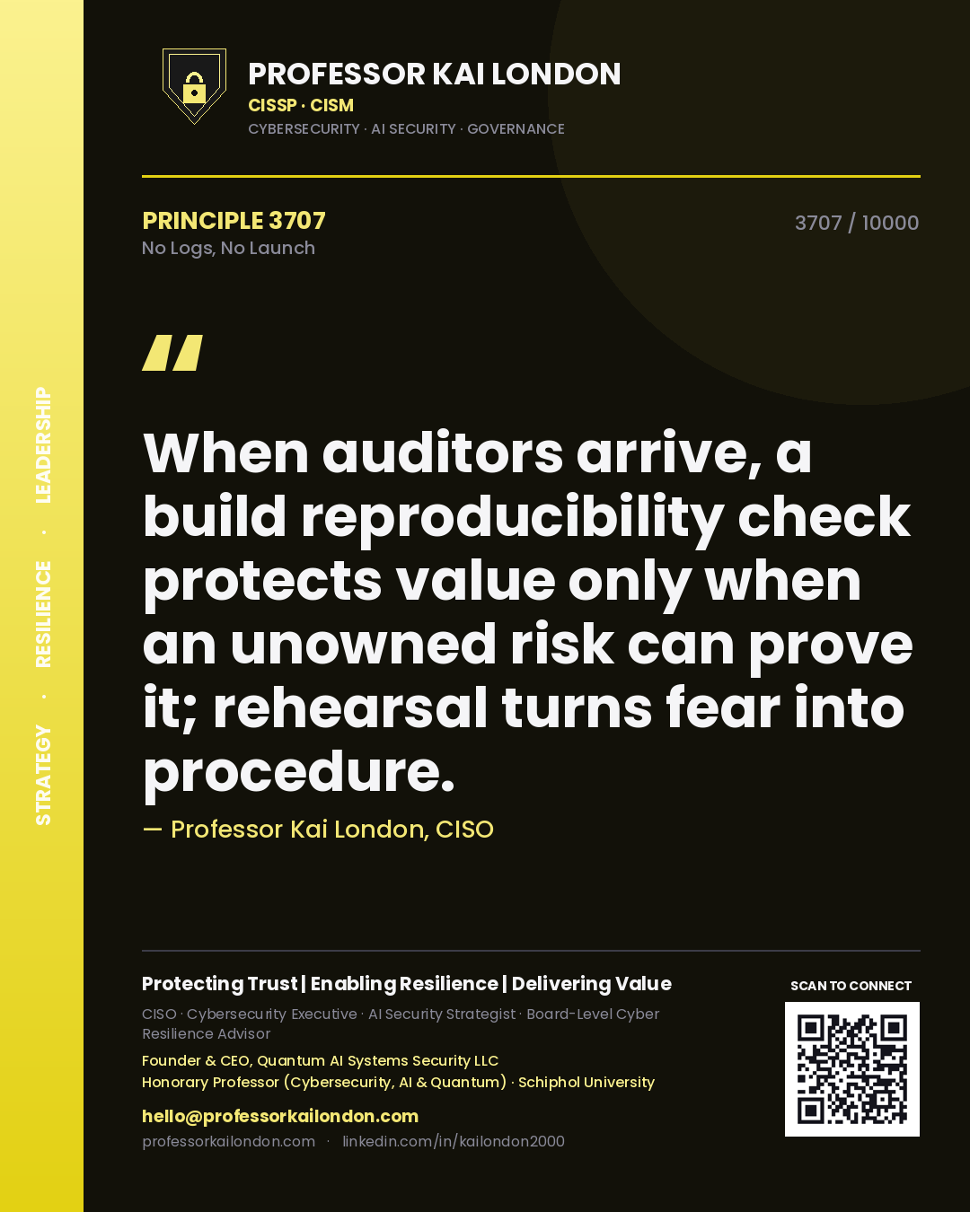 Professor Kai London principle 3707: When auditors arrive, a build reproducibility check protects value only when an unowned risk can prove it; rehearsal turns fear into procedure.