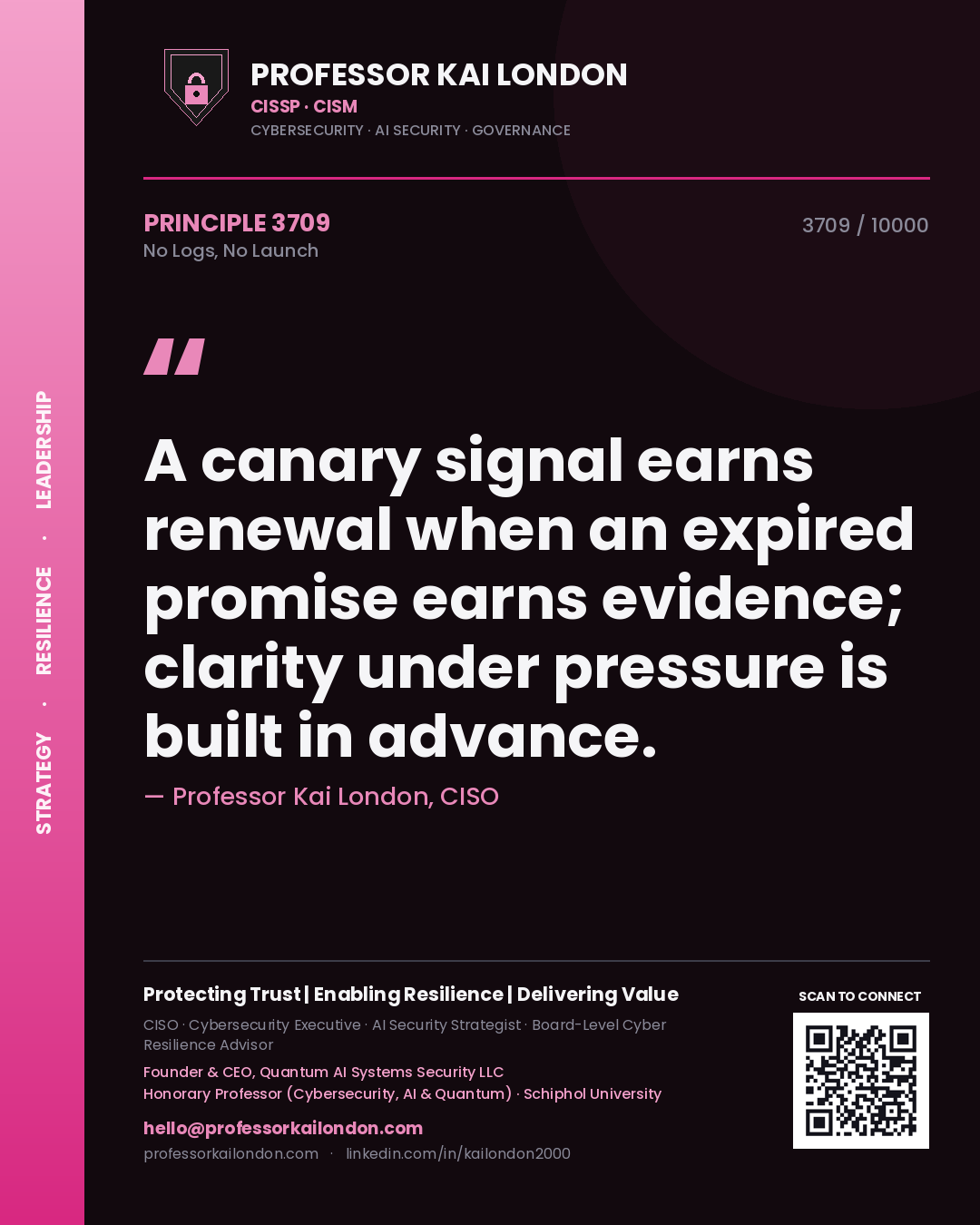 Quote card by Professor Kai London reading 'A canary signal earns renewal when an expired promise earns evidence; clarity under pressure is built in advance.'. From the book No Logs, No Launch.