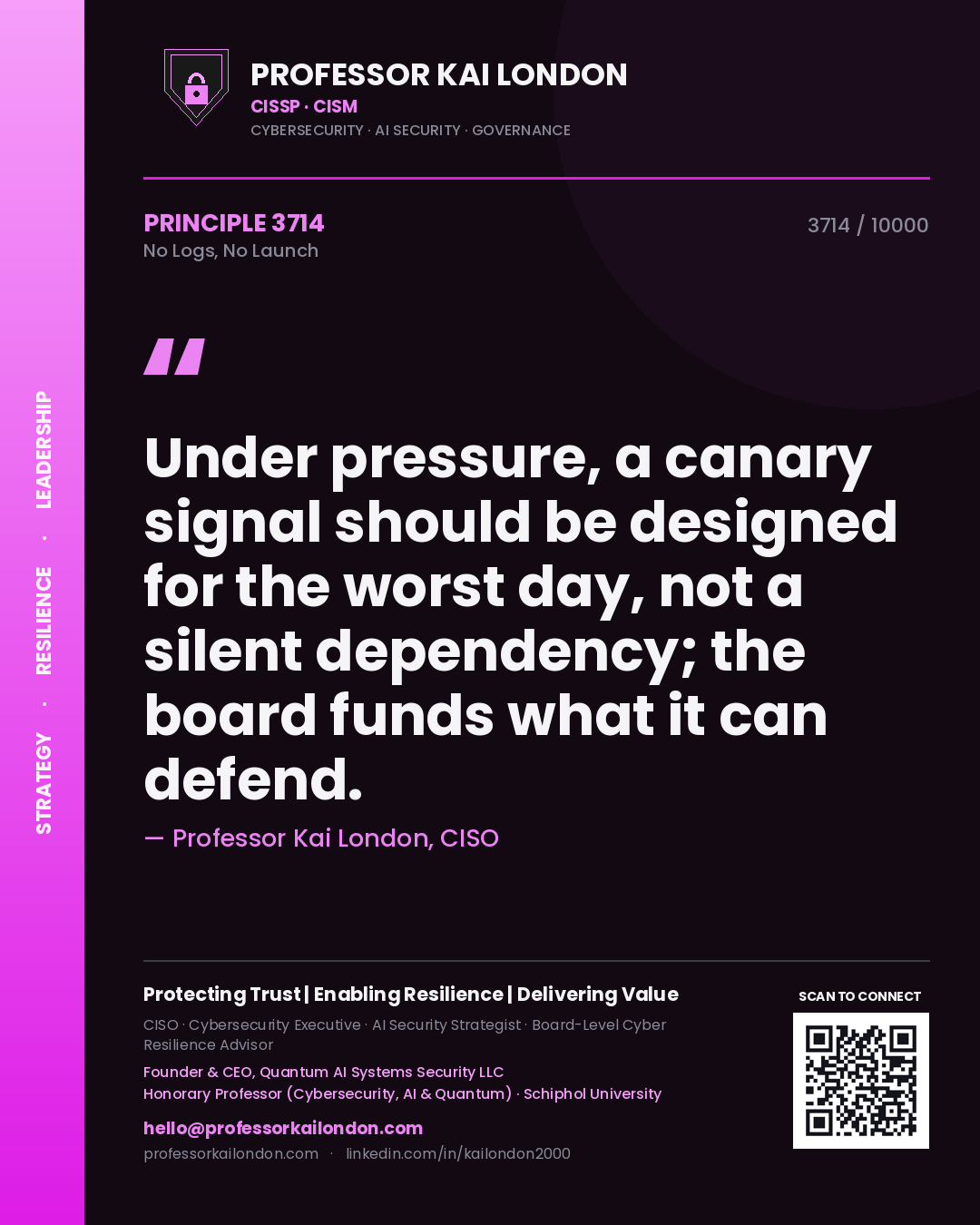 Quote card by Professor Kai London reading 'Under pressure, a canary signal should be designed for the worst day, not a silent dependency; the board funds what it can defend.'. From the book No Logs, No Launch.