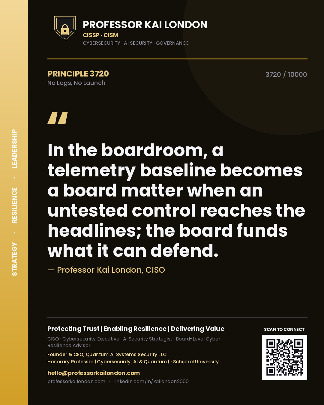 Quote card by Professor Kai London reading 'In the boardroom, a telemetry baseline becomes a board matter when an untested control reaches the headlines; the board funds what it can defend.'. From the book No Logs, No Launch.