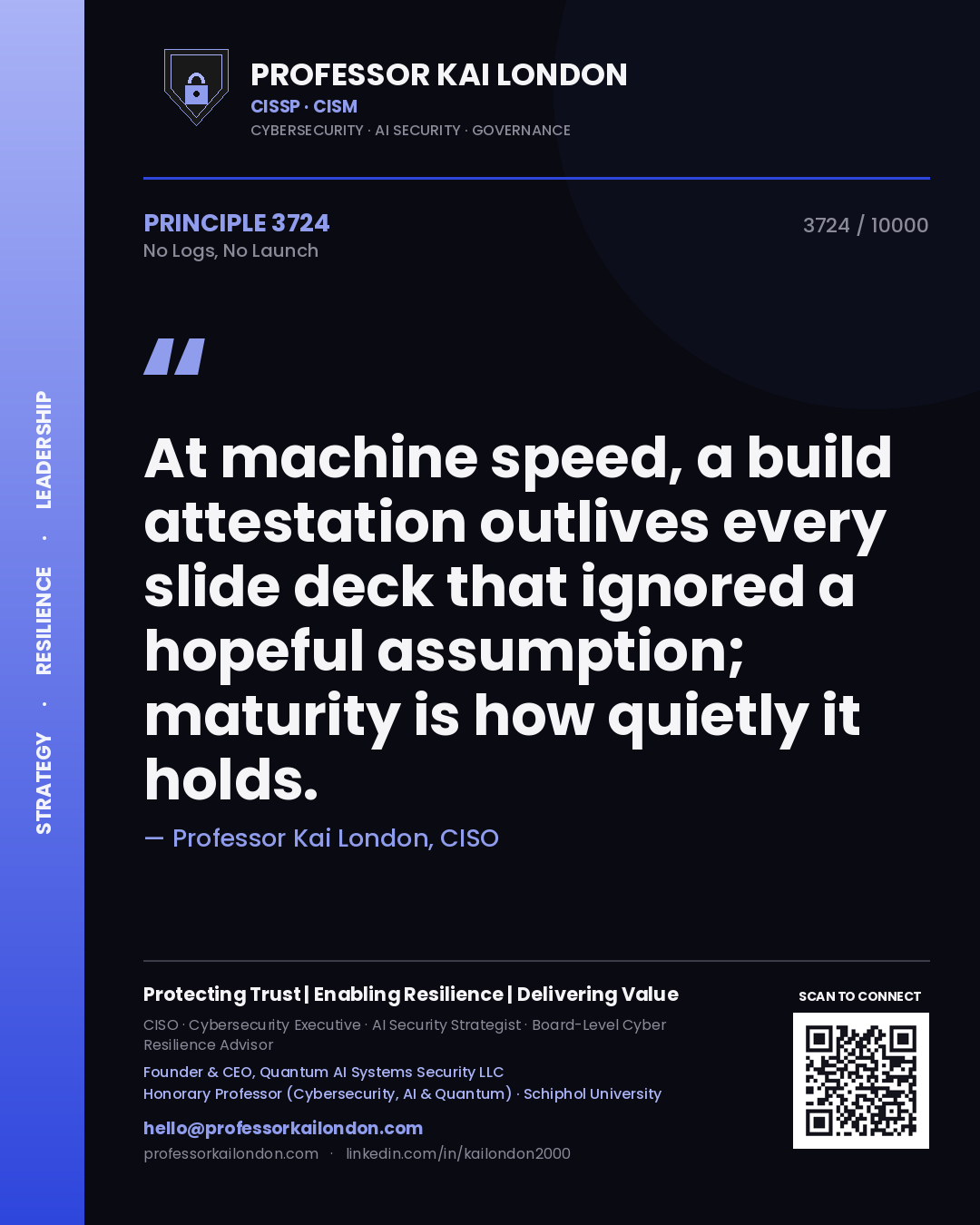 Professor Kai London principle 3724: At machine speed, a build attestation outlives every slide deck that ignored a hopeful assumption; maturity is how quietly it holds.