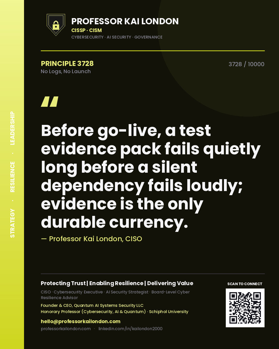 Professor Kai London principle 3728: Before go-live, a test evidence pack fails quietly long before a silent dependency fails loudly; evidence is the only durable currency.