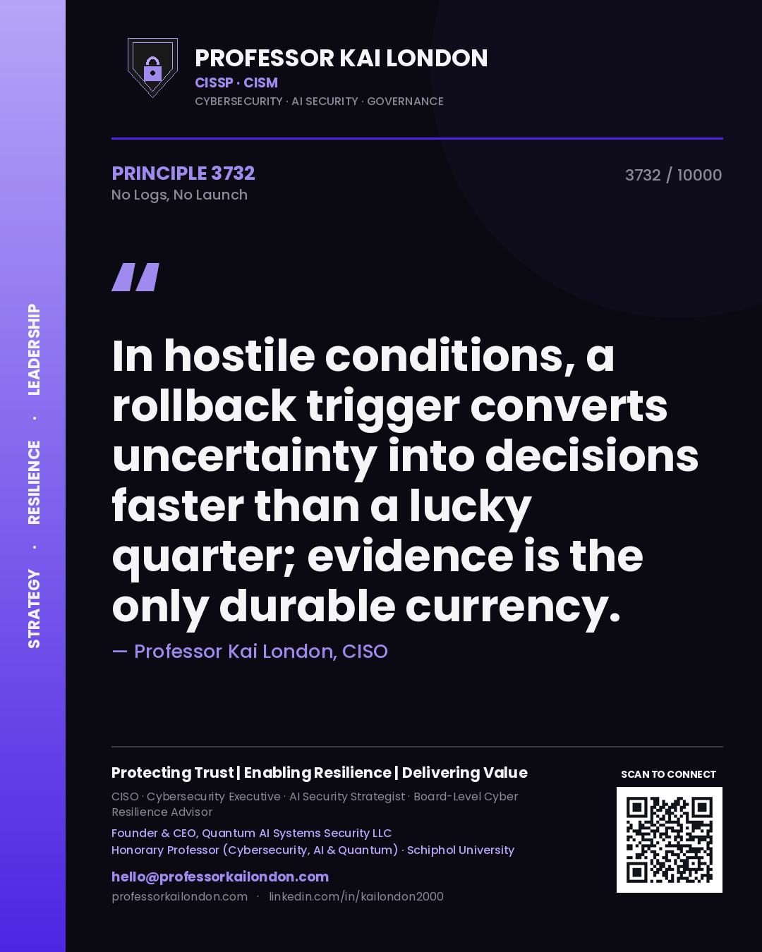 Professor Kai London principle 3732: In hostile conditions, a rollback trigger converts uncertainty into decisions faster than a lucky quarter; evidence is the only durable currency.