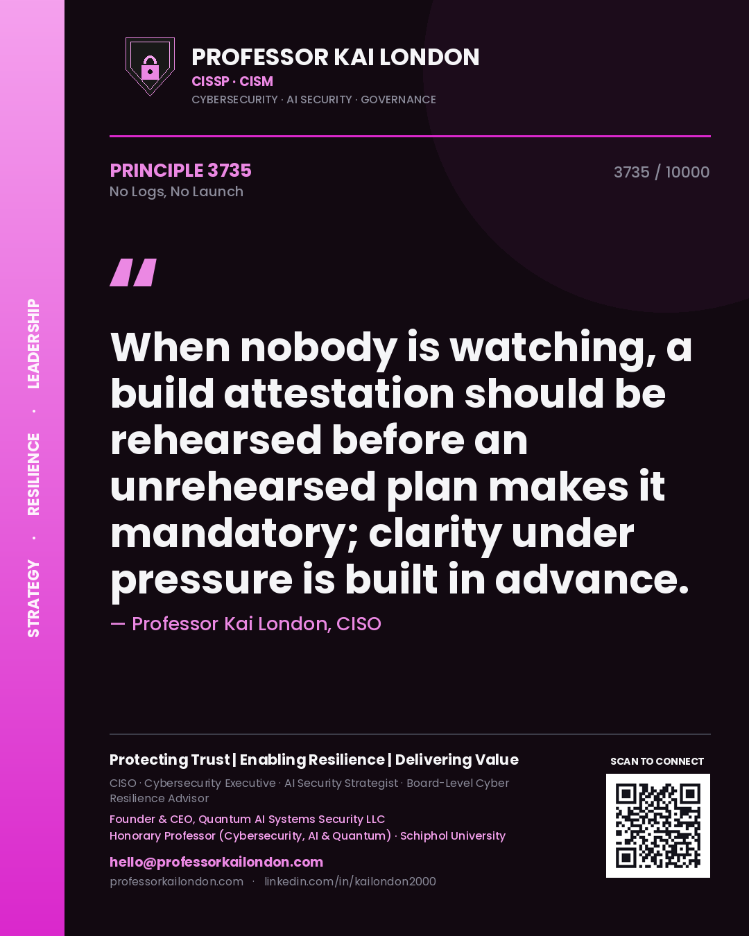 Professor Kai London principle 3735: When nobody is watching, a build attestation should be rehearsed before an unrehearsed plan makes it mandatory; clarity under pressure is built in advance.