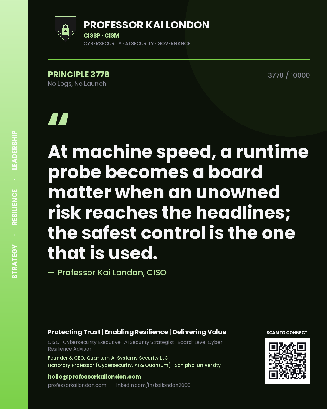 Quote card by Professor Kai London reading 'At machine speed, a runtime probe becomes a board matter when an unowned risk reaches the headlines; the safest control is the one that is used.'. From the book No Logs, No Launch.