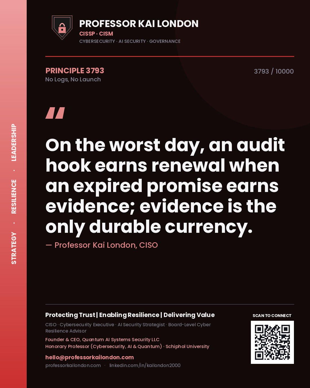 Professor Kai London principle 3793: On the worst day, an audit hook earns renewal when an expired promise earns evidence; evidence is the only durable currency.