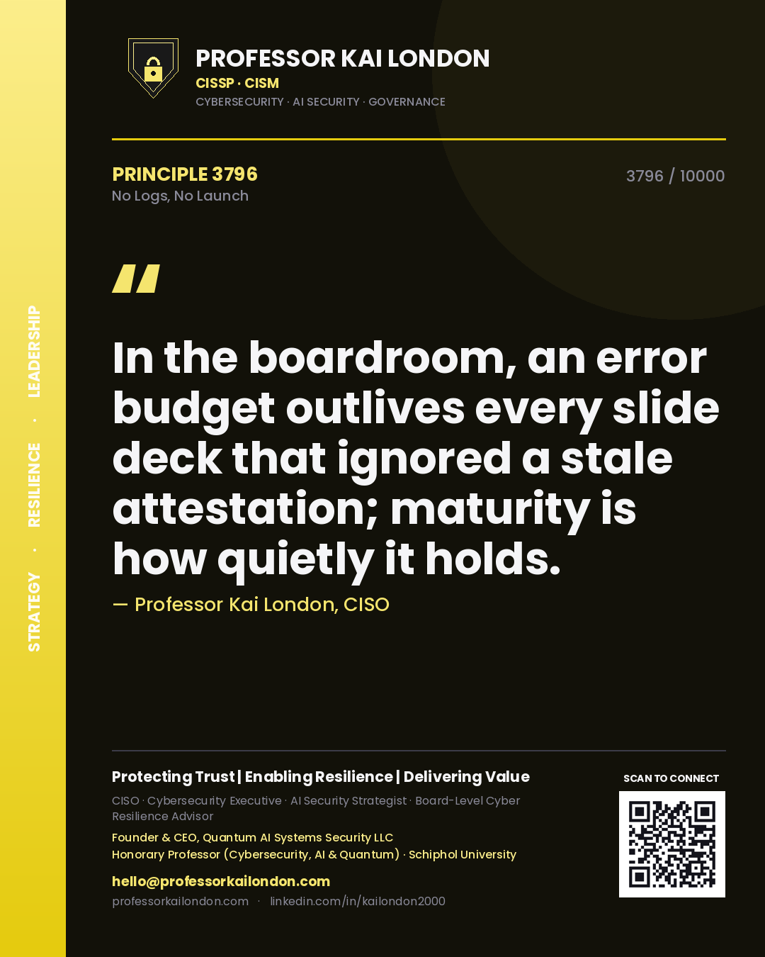 Professor Kai London principle 3796: In the boardroom, an error budget outlives every slide deck that ignored a stale attestation; maturity is how quietly it holds.