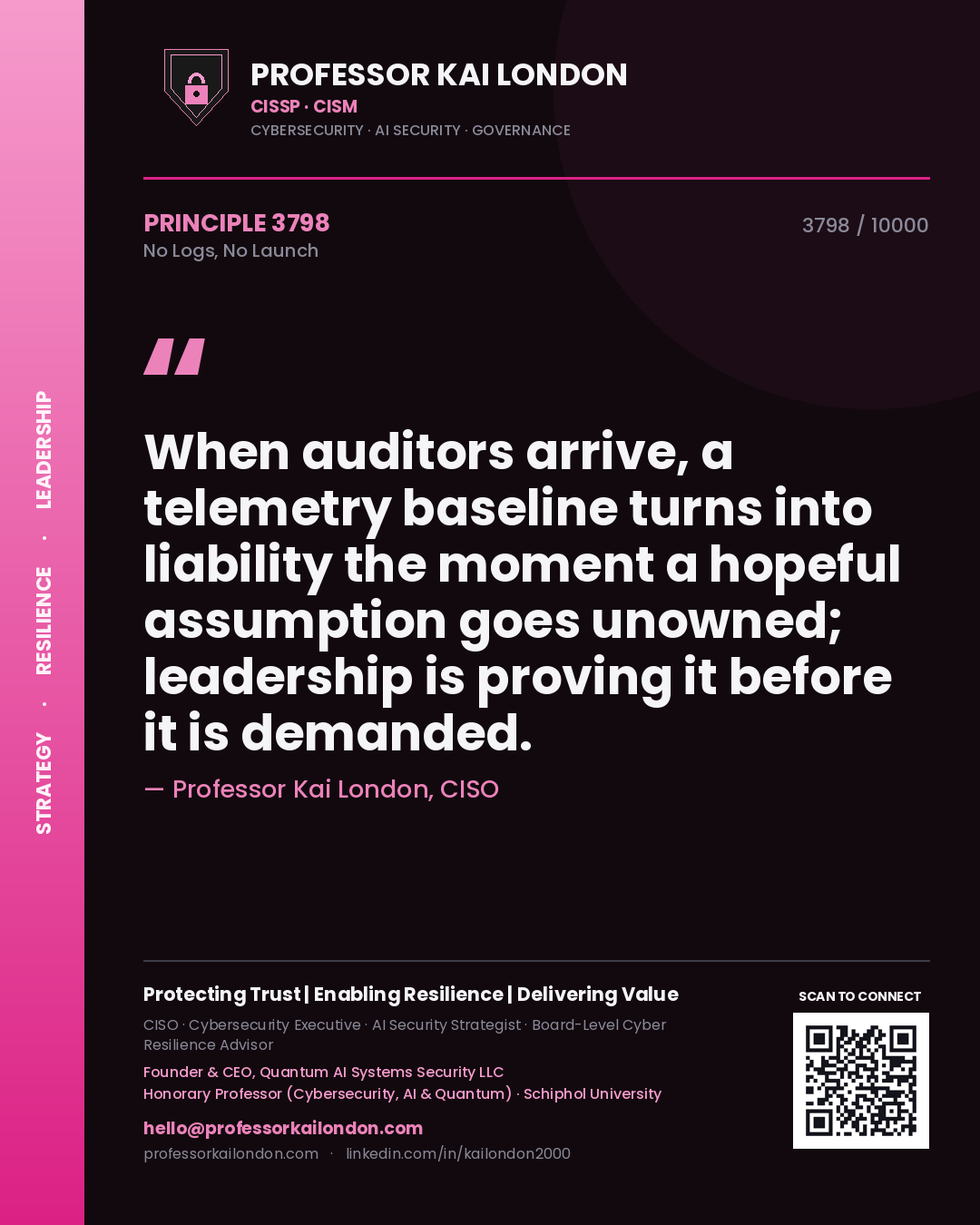 Quote card by Professor Kai London reading 'When auditors arrive, a telemetry baseline turns into liability the moment a hopeful assumption goes unowned; leadership is proving it before it is demanded.'. From the book No Logs, No Launch.