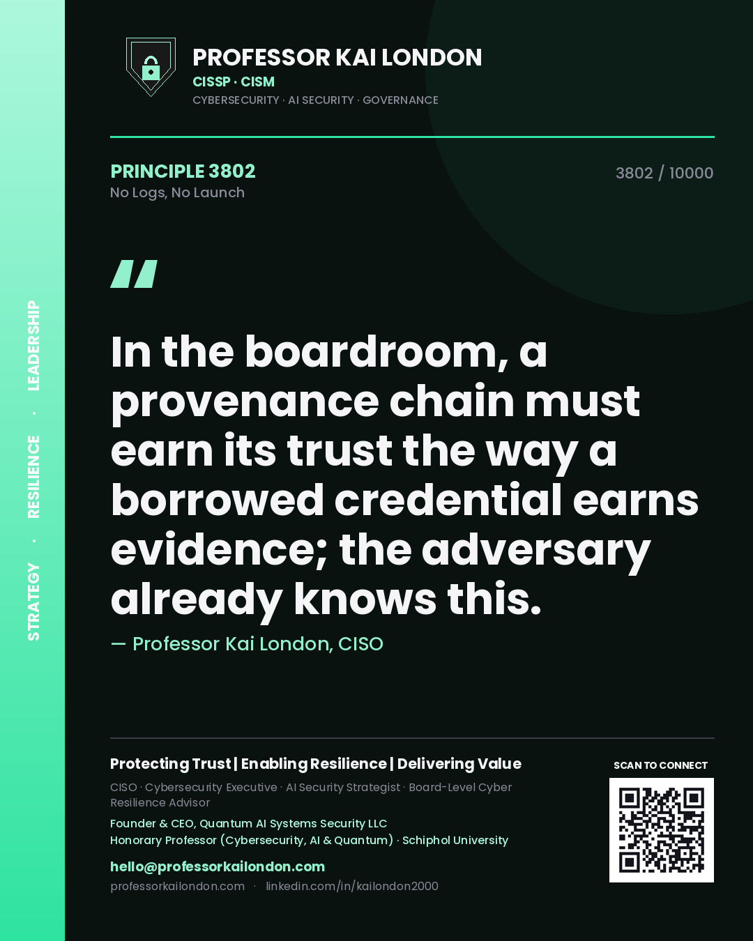 Quote card by Professor Kai London reading 'In the boardroom, a provenance chain must earn its trust the way a borrowed credential earns evidence; the adversary already knows this.'. From the book No Logs, No Launch.