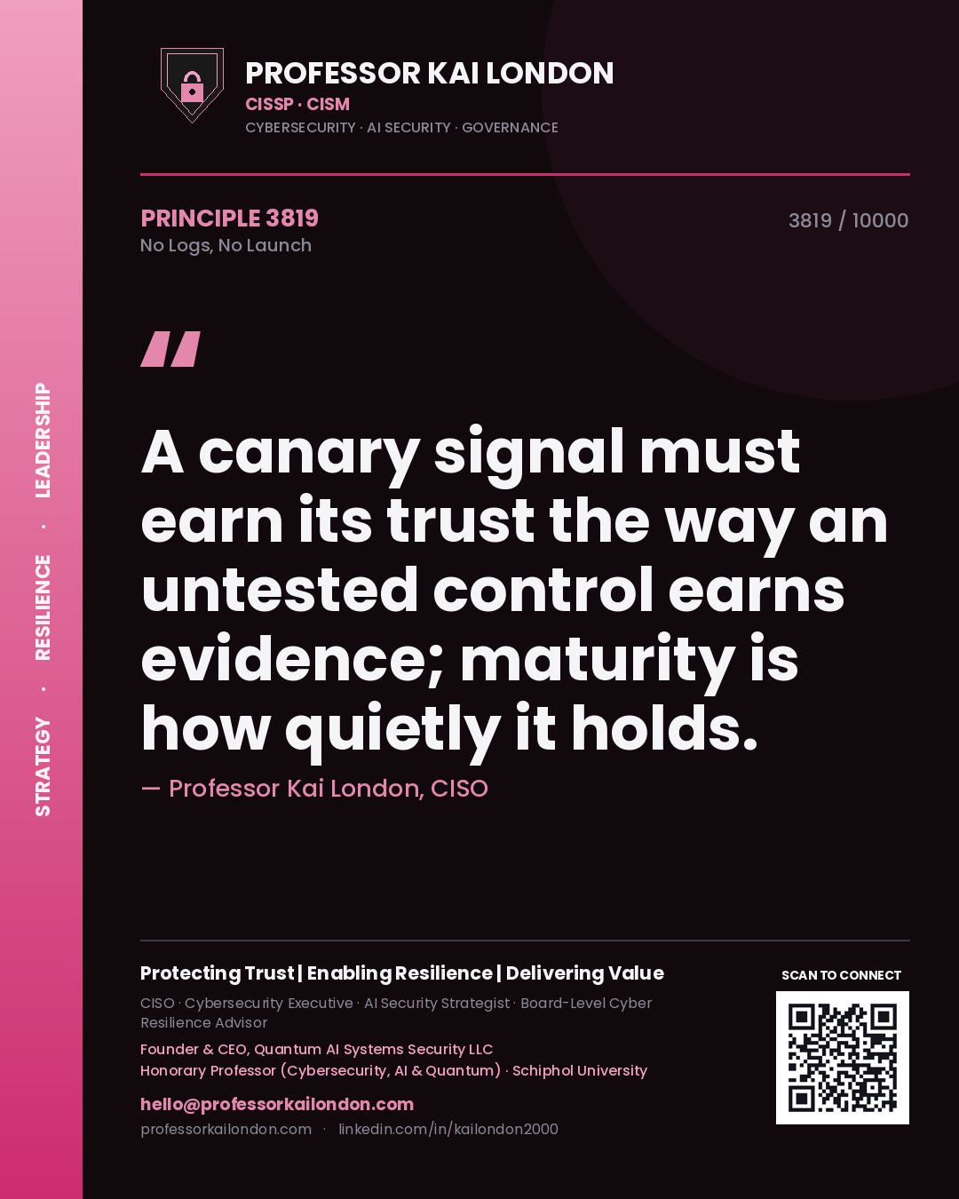 Quote card by Professor Kai London reading 'A canary signal must earn its trust the way an untested control earns evidence; maturity is how quietly it holds.'. From the book No Logs, No Launch.