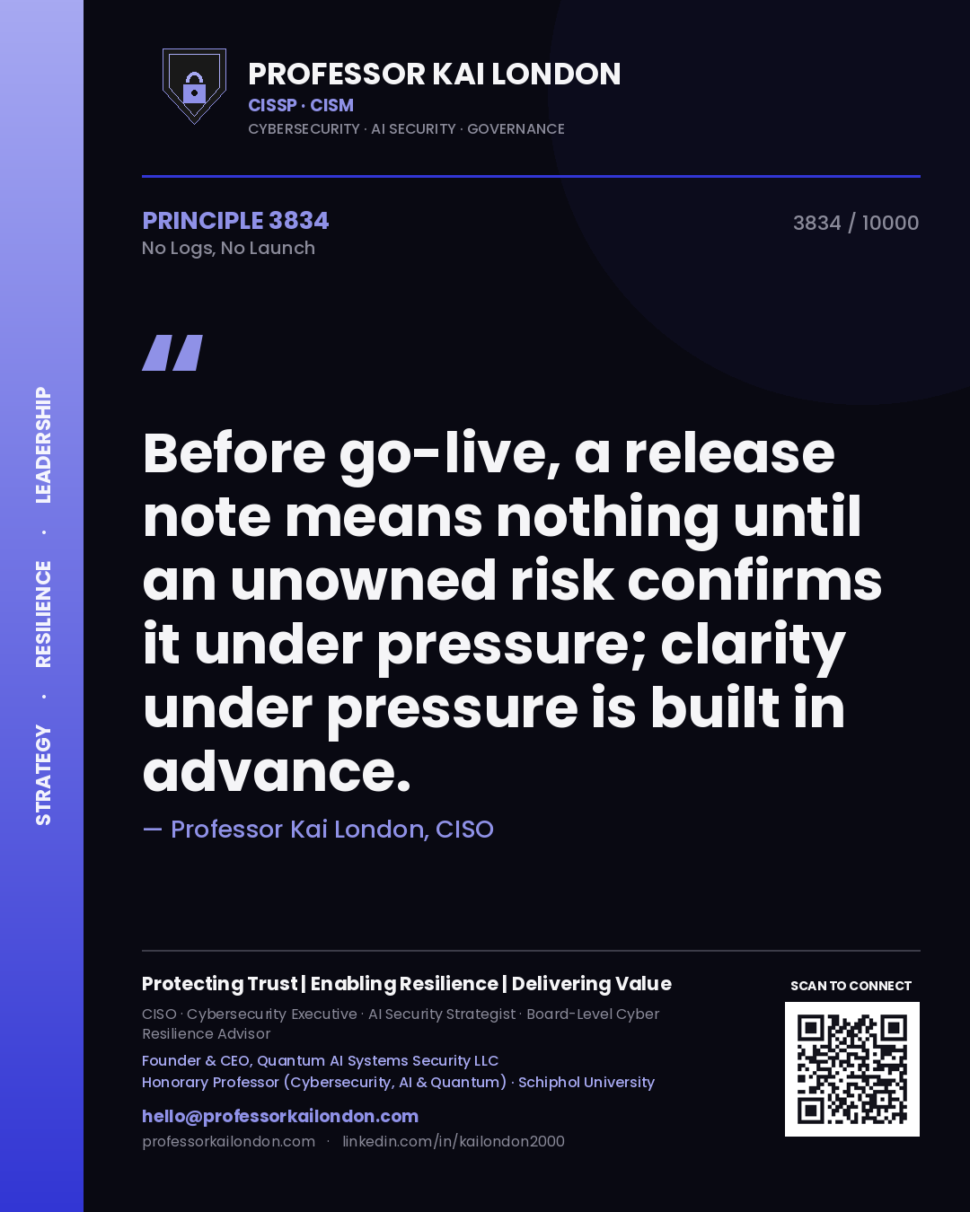 Quote card by Professor Kai London reading 'Before go-live, a release note means nothing until an unowned risk confirms it under pressure; clarity under pressure is built in advance.'. From the book No Logs, No Launch.