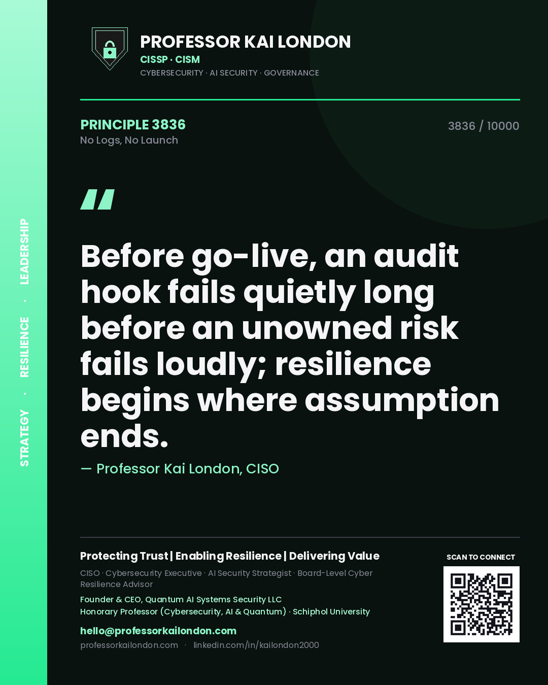 Quote card by Professor Kai London reading 'Before go-live, an audit hook fails quietly long before an unowned risk fails loudly; resilience begins where assumption ends.'. From the book No Logs, No Launch.