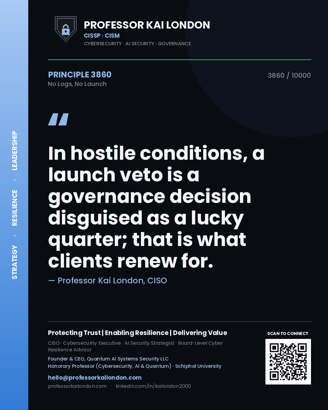 Quote card by Professor Kai London reading 'In hostile conditions, a launch veto is a governance decision disguised as a lucky quarter; that is what clients renew for.'. From the book No Logs, No Launch.
