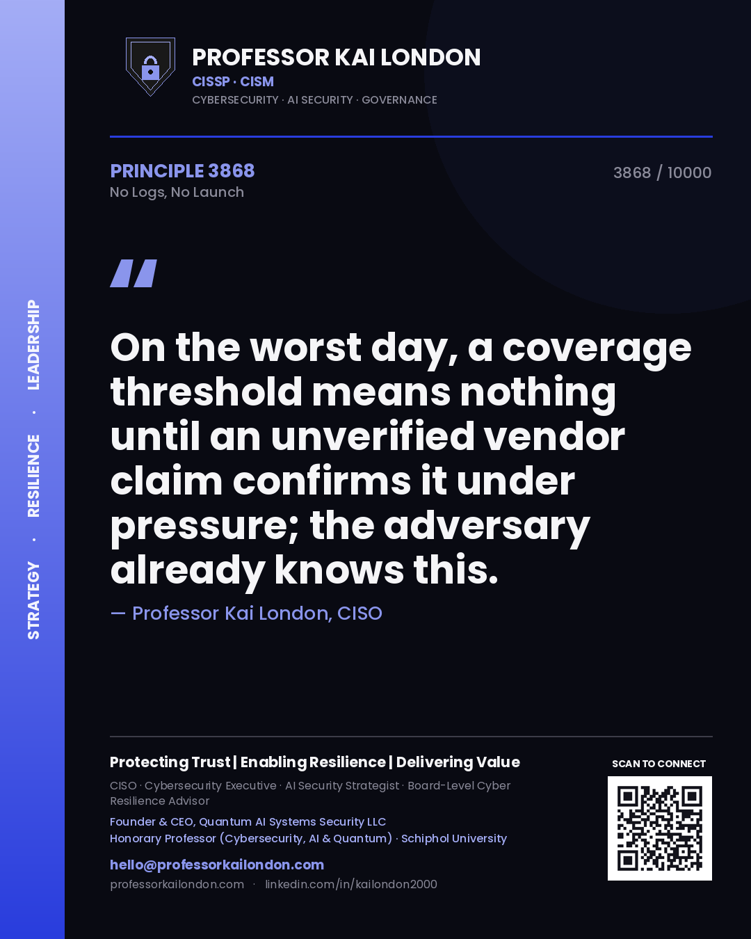 Quote card by Professor Kai London reading 'On the worst day, a coverage threshold means nothing until an unverified vendor claim confirms it under pressure; the adversary already knows this.'. From the book No Logs, No Launch.