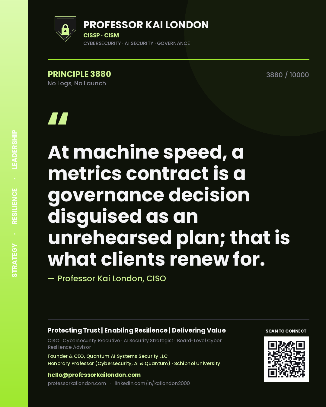 Quote card by Professor Kai London reading 'At machine speed, a metrics contract is a governance decision disguised as an unrehearsed plan; that is what clients renew for.'. From the book No Logs, No Launch.