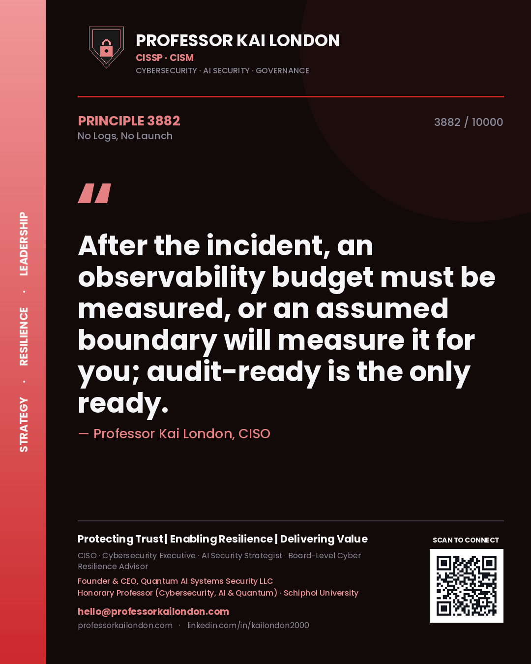 Quote card by Professor Kai London reading 'After the incident, an observability budget must be measured, or an assumed boundary will measure it for you; audit-ready is the only ready.'. From the book No Logs, No Launch.
