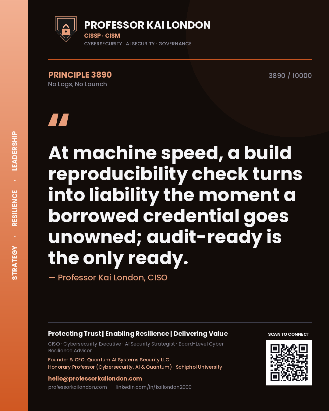 Quote card by Professor Kai London reading 'At machine speed, a build reproducibility check turns into liability the moment a borrowed credential goes unowned; audit-ready is the only ready.'. From the book No Logs, No Launch.