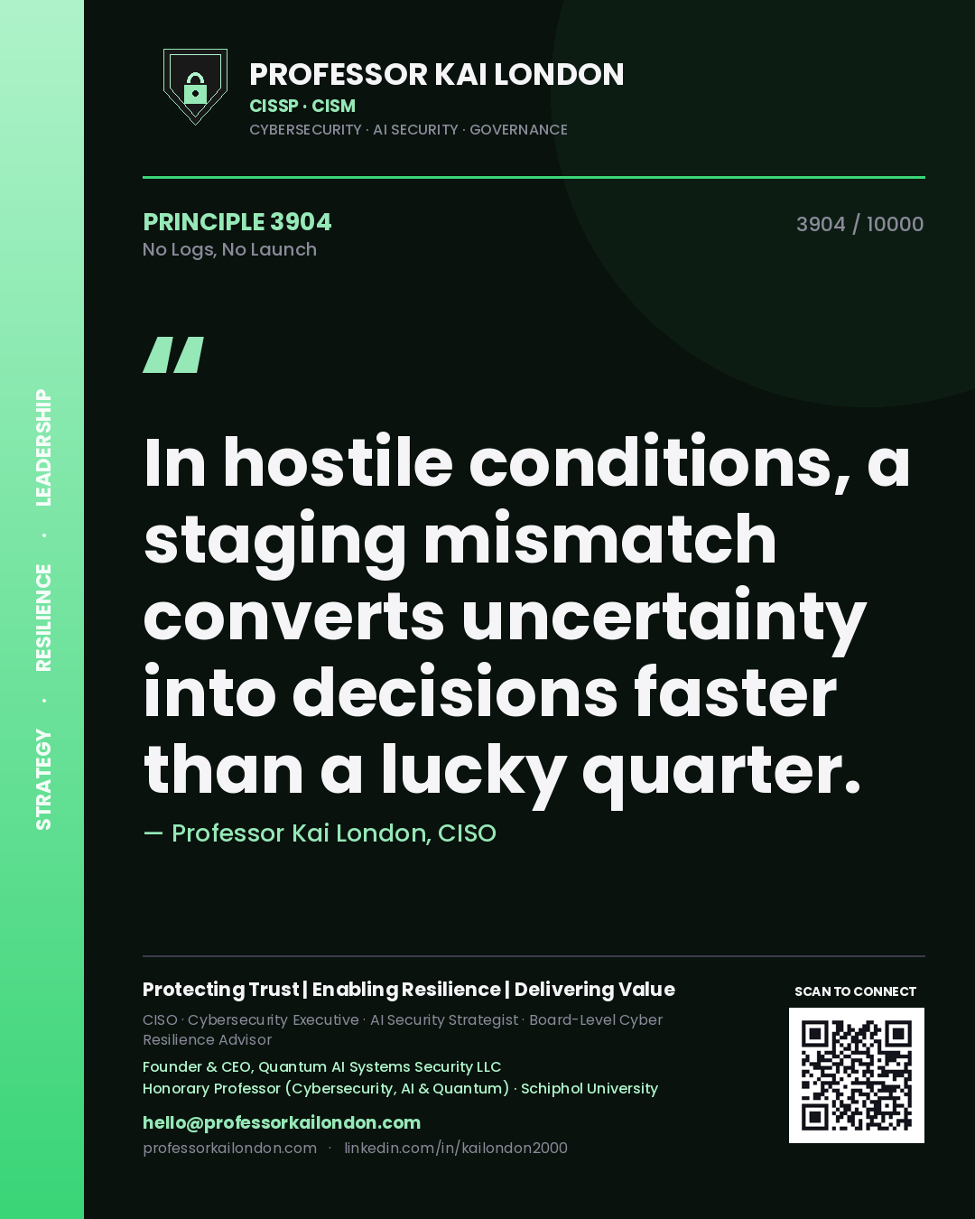 Quote card by Professor Kai London reading 'In hostile conditions, a staging mismatch converts uncertainty into decisions faster than a lucky quarter.'. From the book No Logs, No Launch.