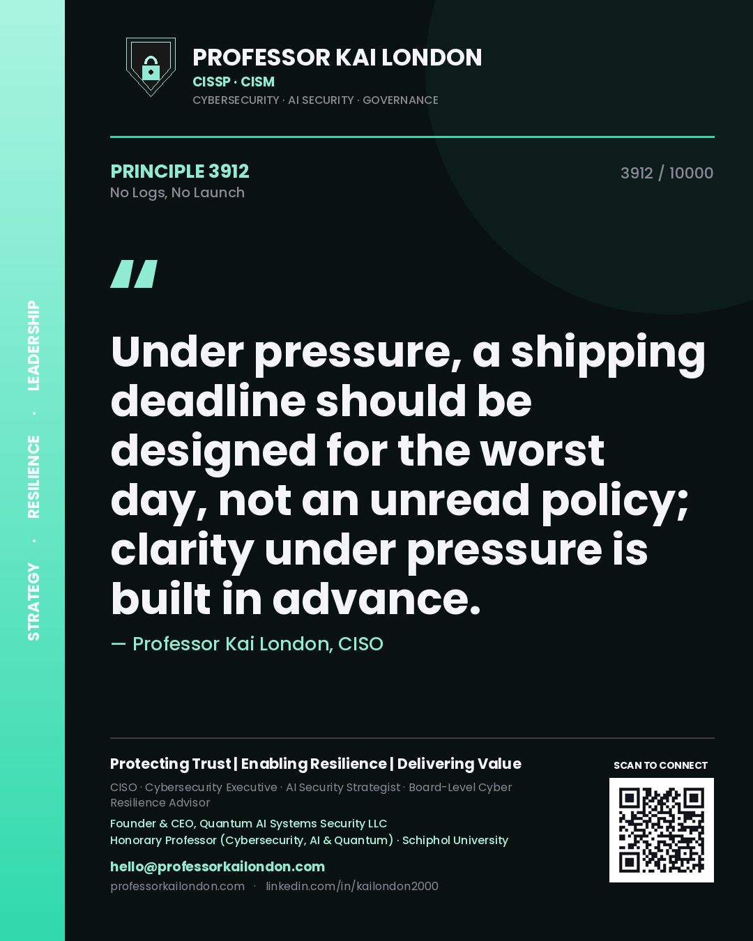 Quote card by Professor Kai London reading 'Under pressure, a shipping deadline should be designed for the worst day, not an unread policy; clarity under pressure is built in advance.'. From the book No Logs, No Launch.
