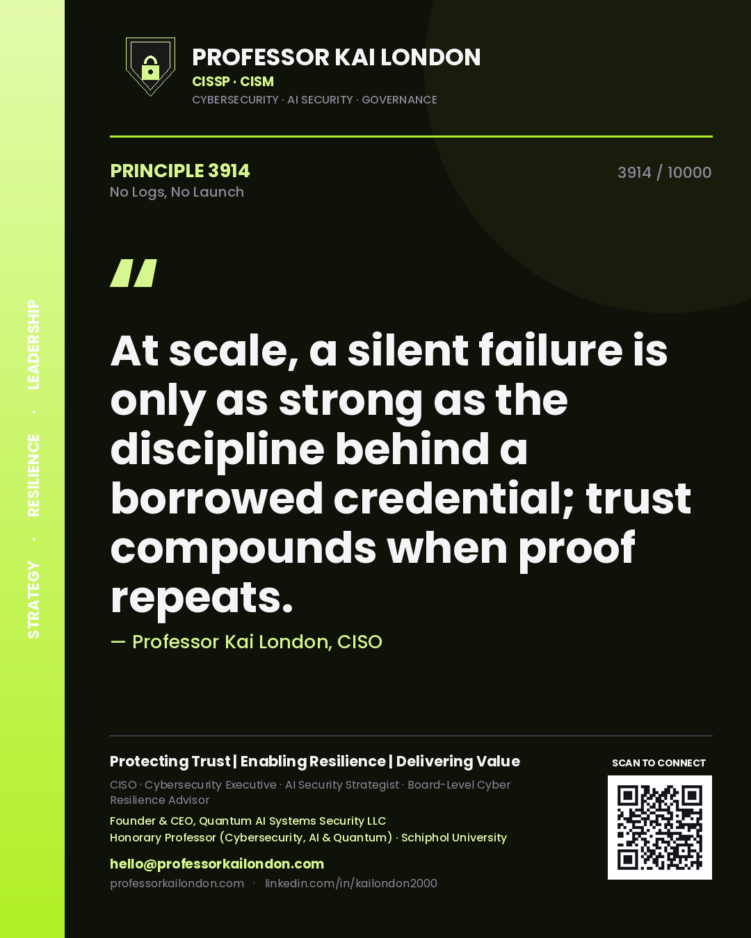 Quote card by Professor Kai London reading 'At scale, a silent failure is only as strong as the discipline behind a borrowed credential; trust compounds when proof repeats.'. From the book No Logs, No Launch.