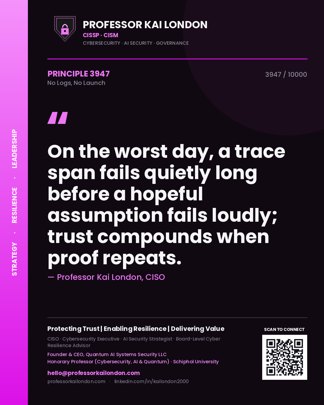 Professor Kai London principle 3947: On the worst day, a trace span fails quietly long before a hopeful assumption fails loudly; trust compounds when proof repeats.