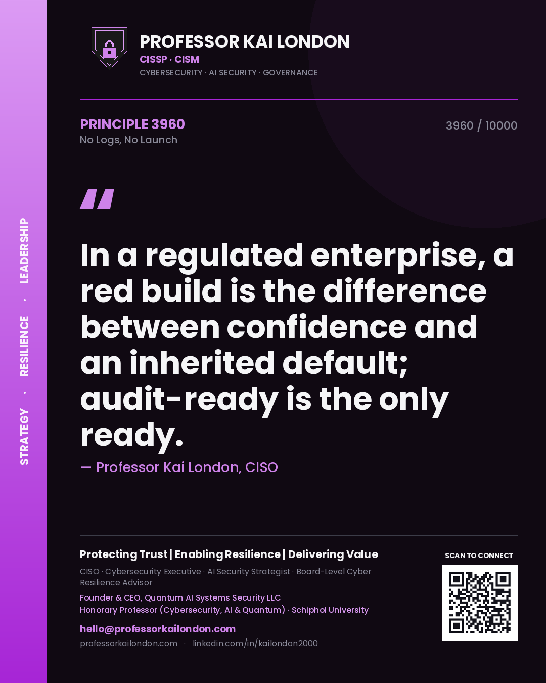 Quote card by Professor Kai London reading 'In a regulated enterprise, a red build is the difference between confidence and an inherited default; audit-ready is the only ready.'. From the book No Logs, No Launch.