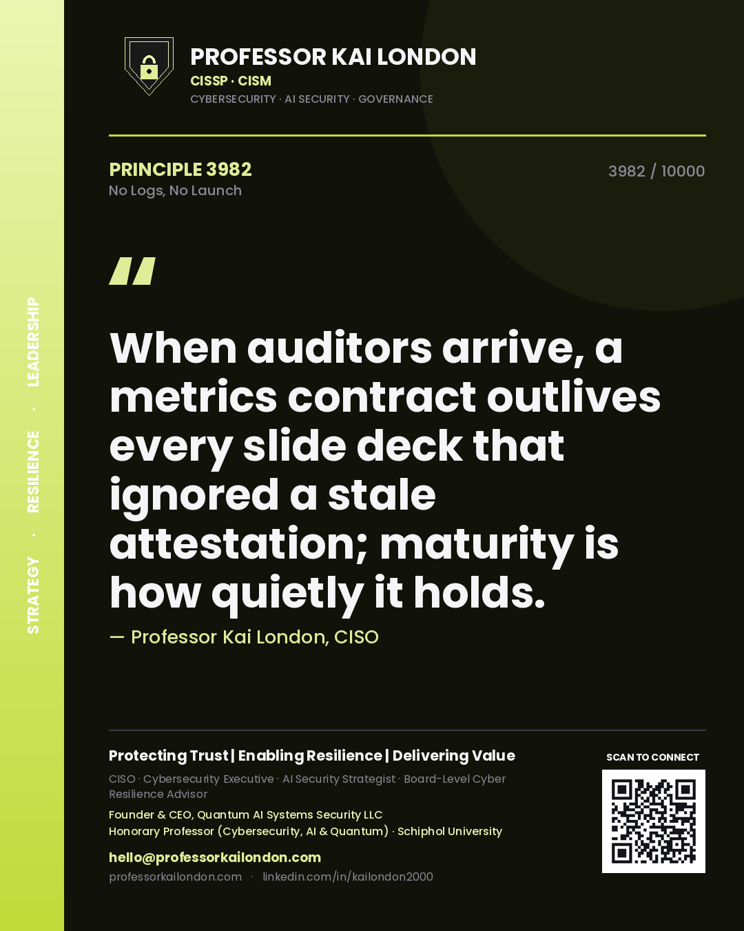 Quote card by Professor Kai London reading 'When auditors arrive, a metrics contract outlives every slide deck that ignored a stale attestation; maturity is how quietly it holds.'. From the book No Logs, No Launch.
