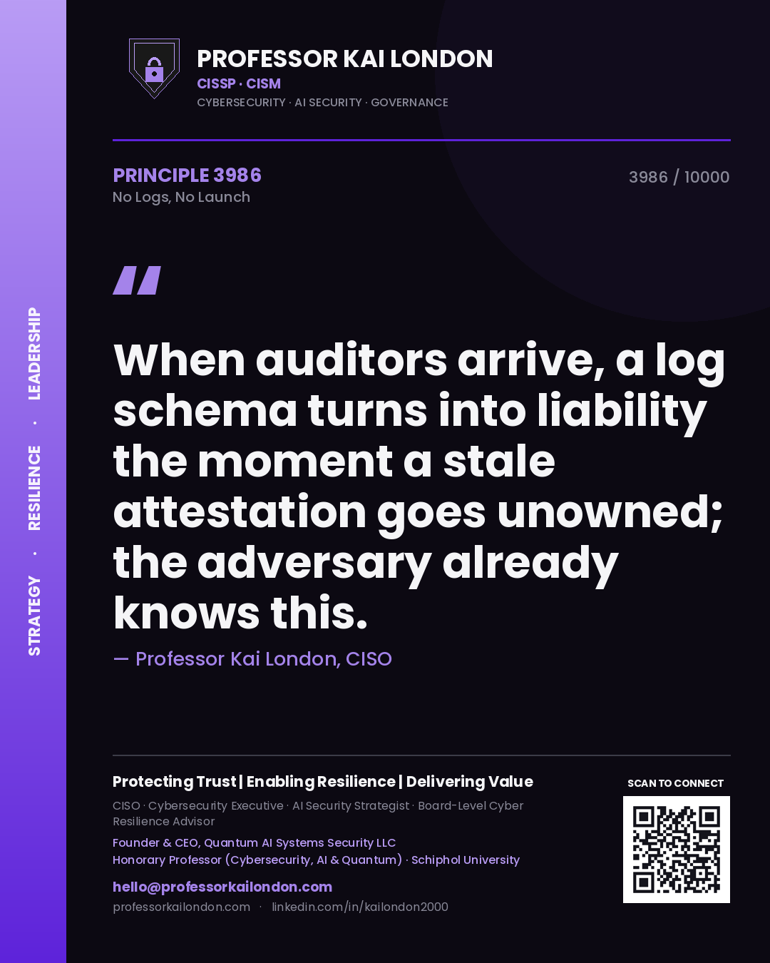 Quote card by Professor Kai London reading 'When auditors arrive, a log schema turns into liability the moment a stale attestation goes unowned; the adversary already knows this.'. From the book No Logs, No Launch.