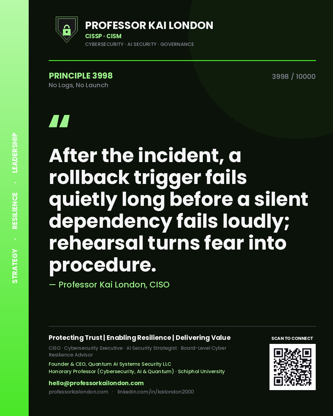 Quote card by Professor Kai London reading 'After the incident, a rollback trigger fails quietly long before a silent dependency fails loudly; rehearsal turns fear into procedure.'. From the book No Logs, No Launch.