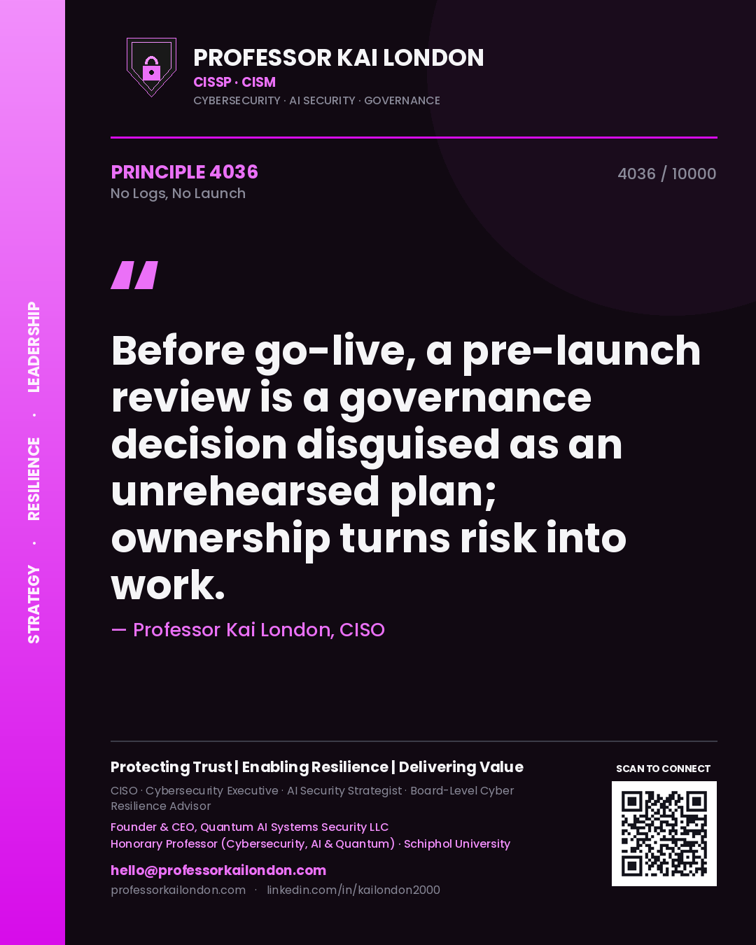 Quote card by Professor Kai London reading 'Before go-live, a pre-launch review is a governance decision disguised as an unrehearsed plan; ownership turns risk into work.'. From the book No Logs, No Launch.