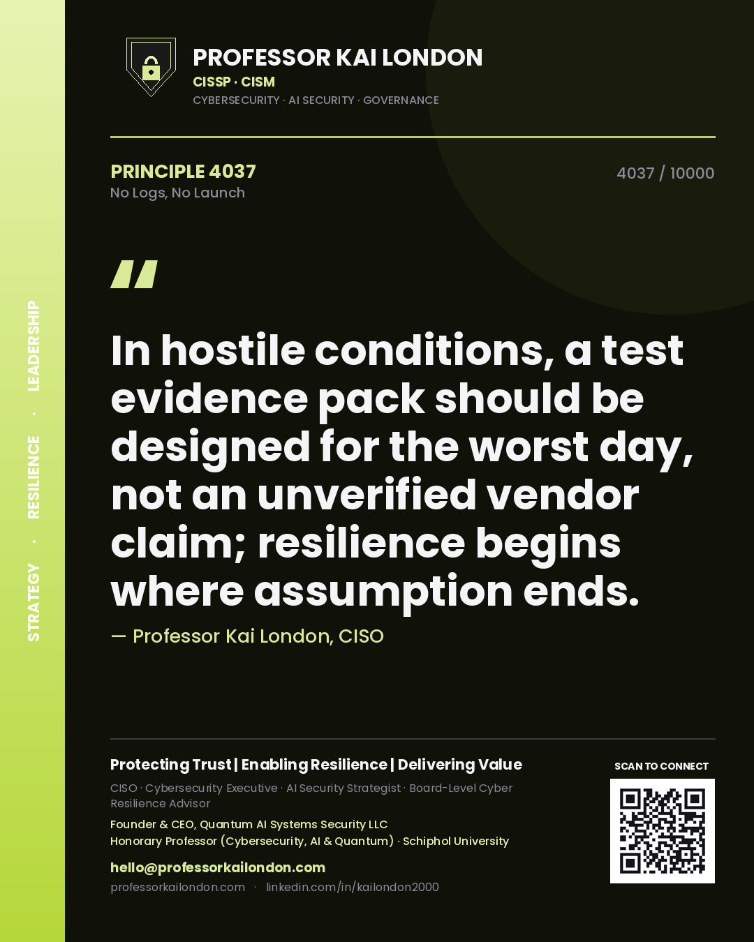 Quote card by Professor Kai London reading 'In hostile conditions, a test evidence pack should be designed for the worst day, not an unverified vendor claim; resilience begins where assumption ends.'. From the book No Logs, No Launch.