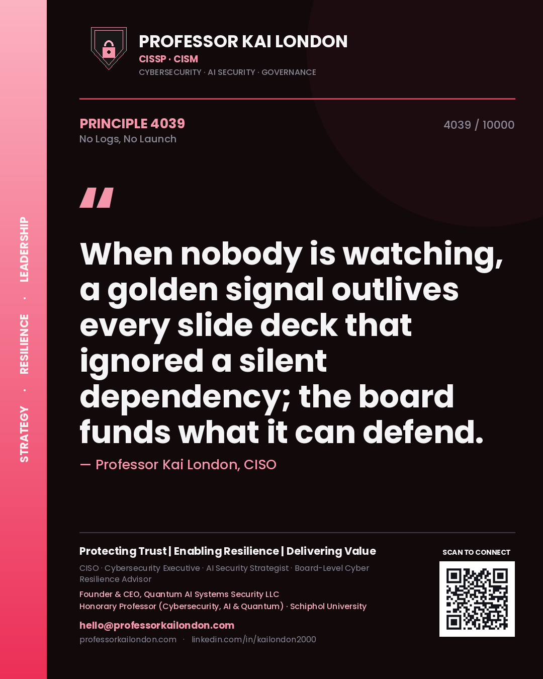 Professor Kai London principle 4039: When nobody is watching, a golden signal outlives every slide deck that ignored a silent dependency; the board funds what it can defend.