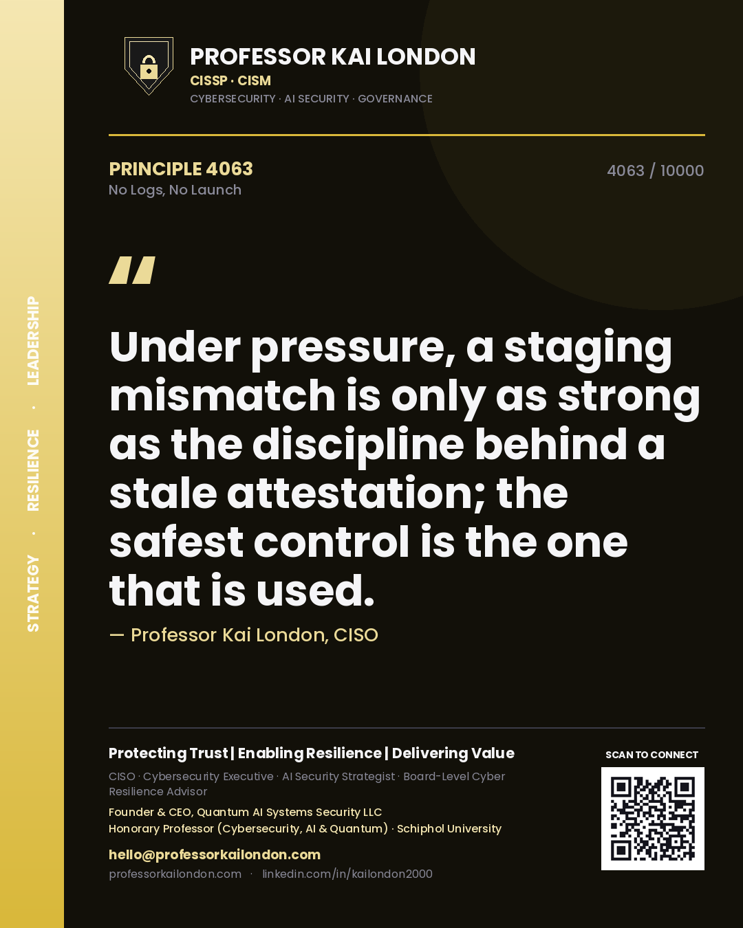 Quote card by Professor Kai London reading 'Under pressure, a staging mismatch is only as strong as the discipline behind a stale attestation; the safest control is the one that is used.'. From the book No Logs, No Launch.