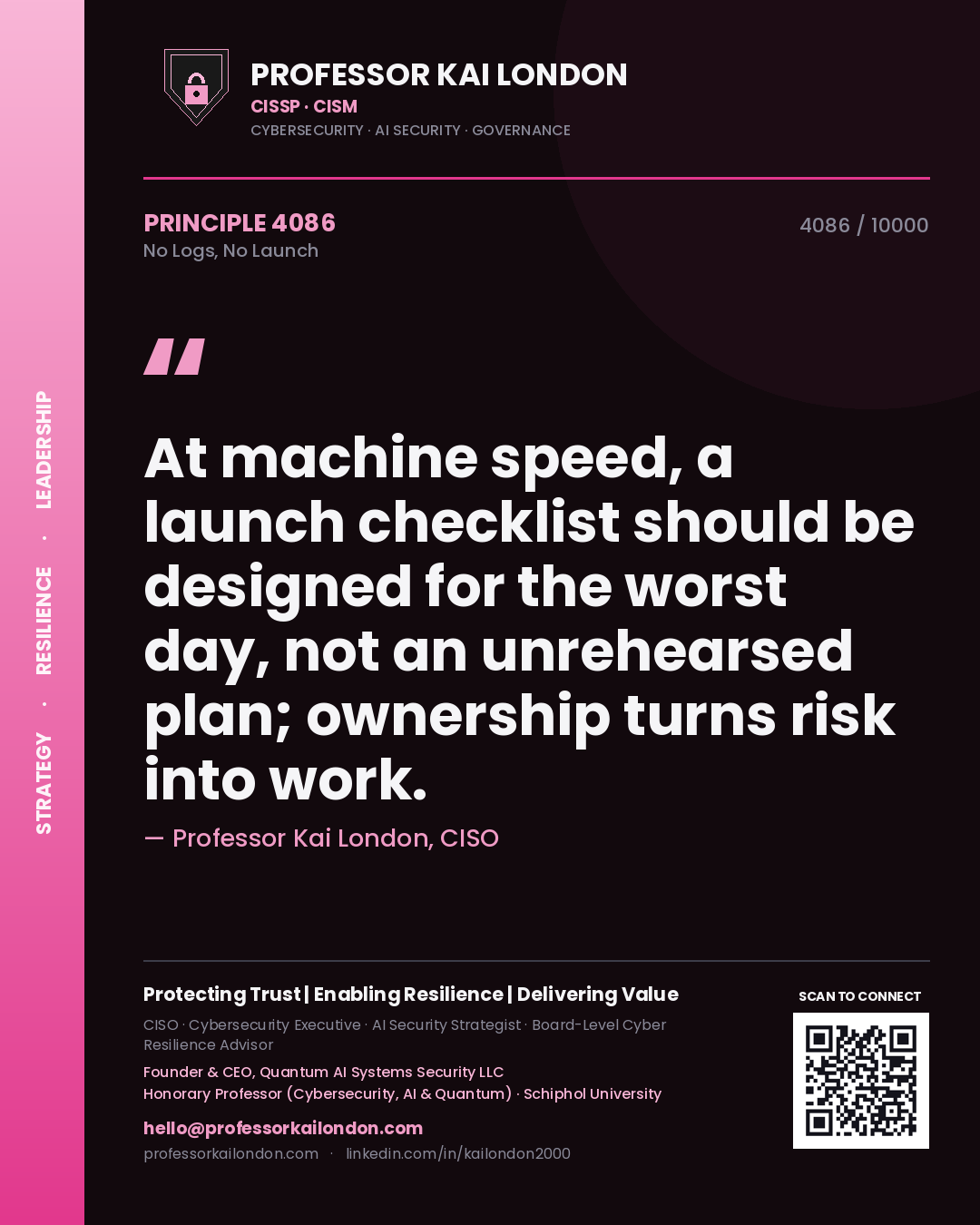 Quote card by Professor Kai London reading 'At machine speed, a launch checklist should be designed for the worst day, not an unrehearsed plan; ownership turns risk into work.'. From the book No Logs, No Launch.