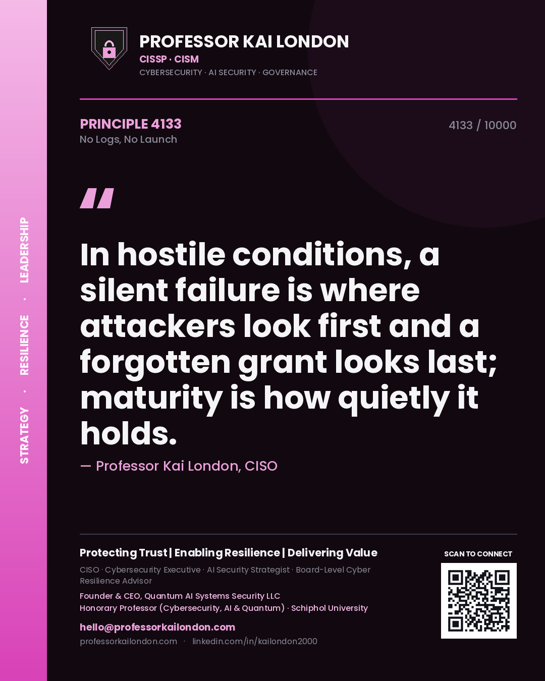 Professor Kai London principle 4133: In hostile conditions, a silent failure is where attackers look first and a forgotten grant looks last; maturity is how quietly it holds.
