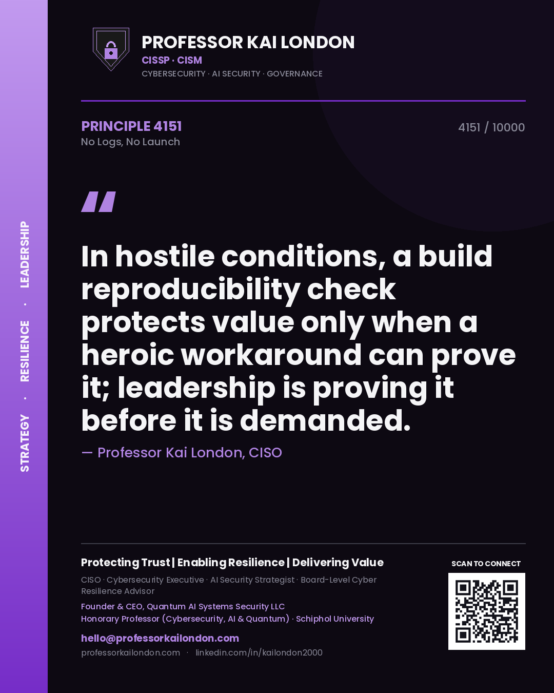 Professor Kai London principle 4151: In hostile conditions, a build reproducibility check protects value only when a heroic workaround can prove it; leadership is proving it before it is demanded.
