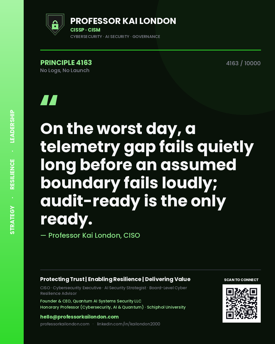 Professor Kai London principle 4163: On the worst day, a telemetry gap fails quietly long before an assumed boundary fails loudly; audit-ready is the only ready.