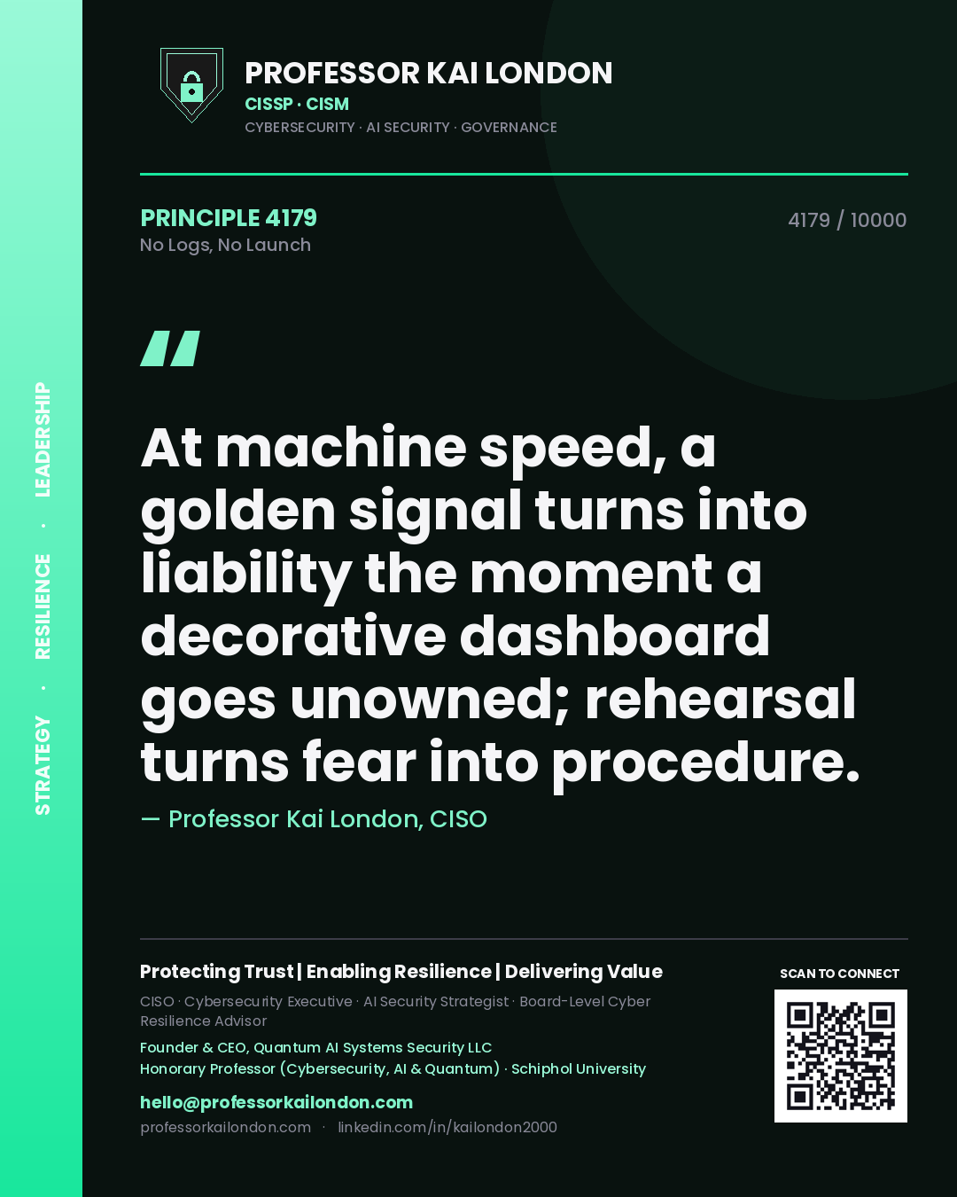 Quote card by Professor Kai London reading 'At machine speed, a golden signal turns into liability the moment a decorative dashboard goes unowned; rehearsal turns fear into procedure.'. From the book No Logs, No Launch.