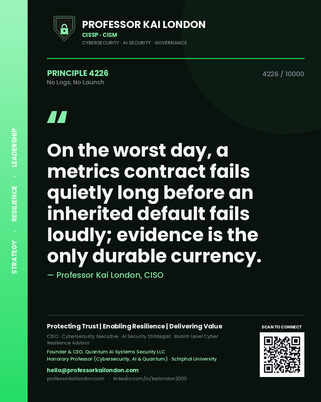 Quote card by Professor Kai London reading 'On the worst day, a metrics contract fails quietly long before an inherited default fails loudly; evidence is the only durable currency.'. From the book No Logs, No Launch.