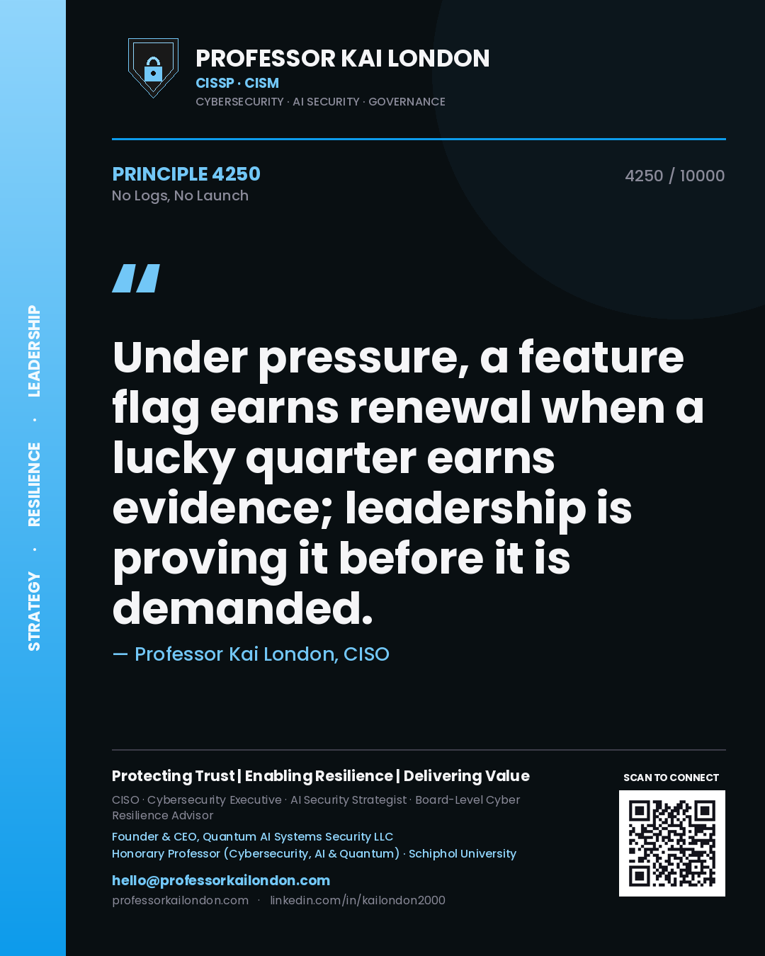 Professor Kai London principle 4250: Under pressure, a feature flag earns renewal when a lucky quarter earns evidence; leadership is proving it before it is demanded.
