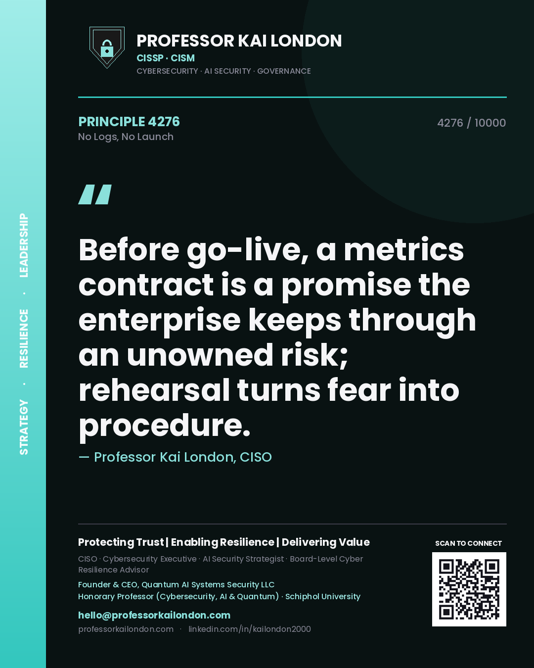 Quote card by Professor Kai London reading 'Before go-live, a metrics contract is a promise the enterprise keeps through an unowned risk; rehearsal turns fear into procedure.'. From the book No Logs, No Launch.