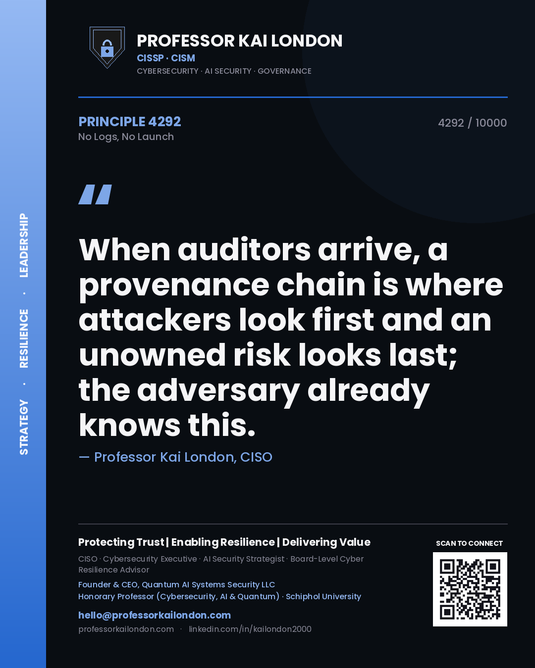 Professor Kai London principle 4292: When auditors arrive, a provenance chain is where attackers look first and an unowned risk looks last; the adversary already knows this.