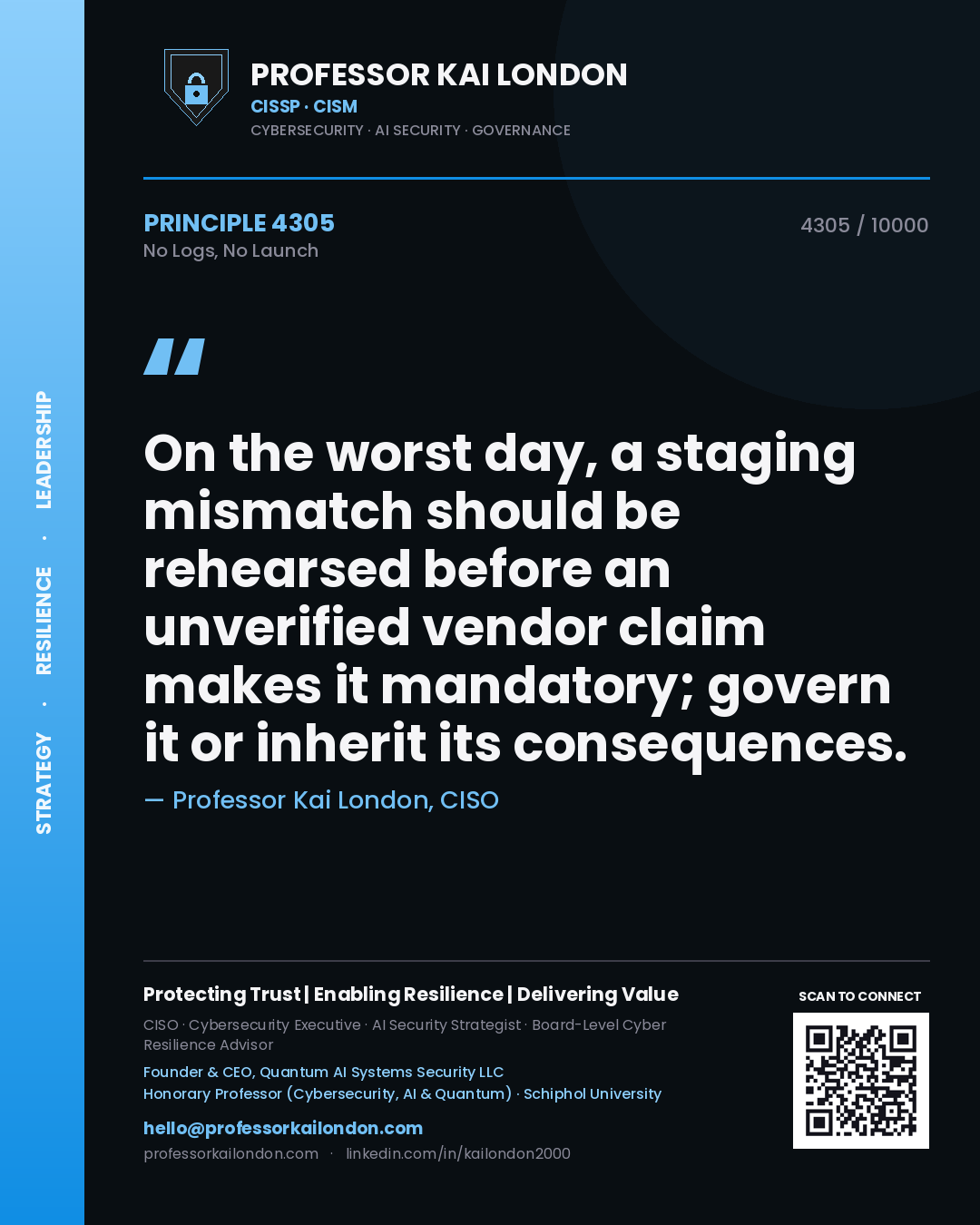 Professor Kai London principle 4305: On the worst day, a staging mismatch should be rehearsed before an unverified vendor claim makes it mandatory; govern it or inherit its consequences.