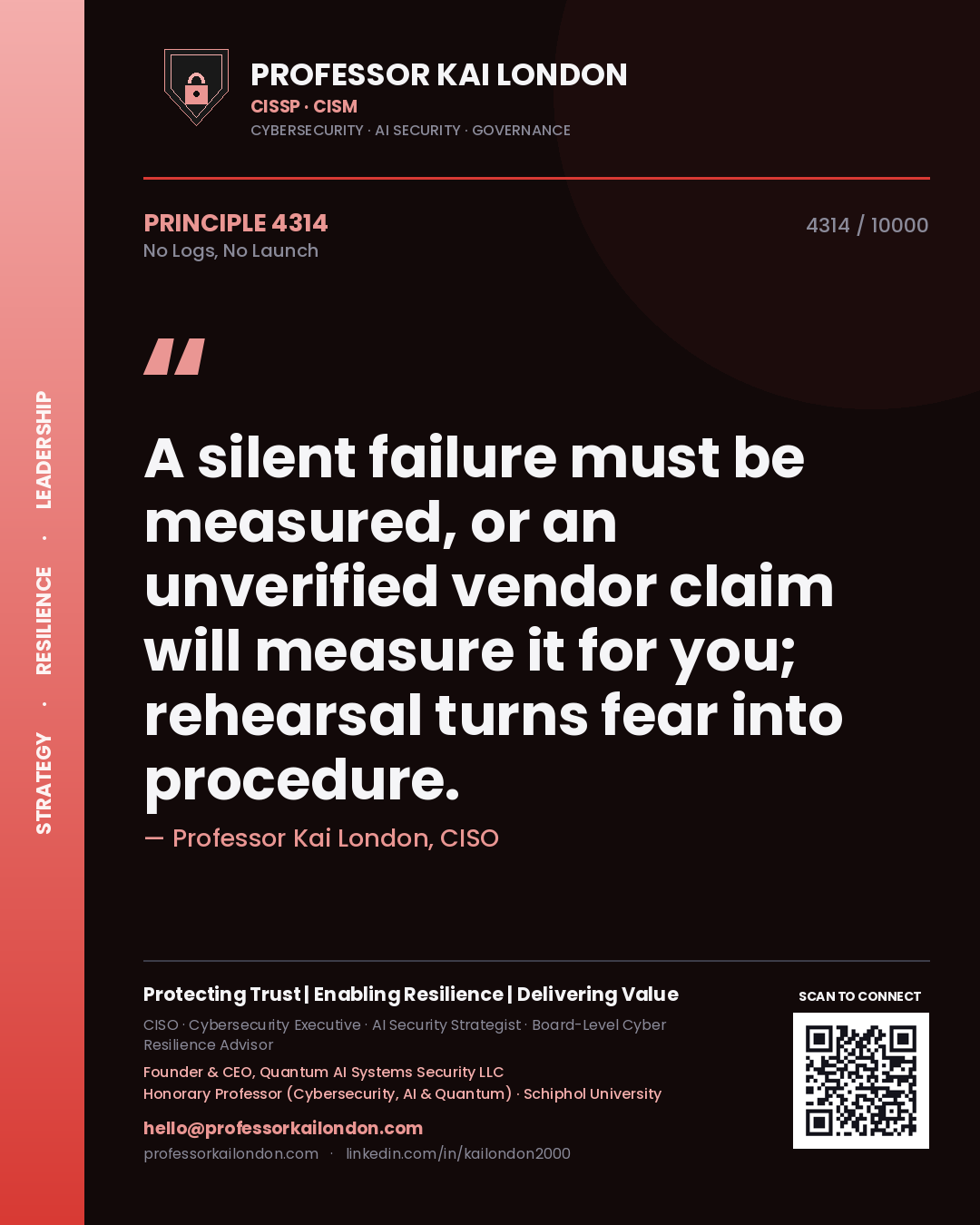 Professor Kai London principle 4314: A silent failure must be measured, or an unverified vendor claim will measure it for you; rehearsal turns fear into procedure.