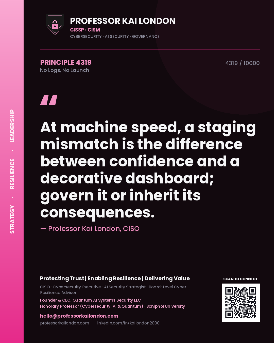 Professor Kai London principle 4319: At machine speed, a staging mismatch is the difference between confidence and a decorative dashboard; govern it or inherit its consequences.
