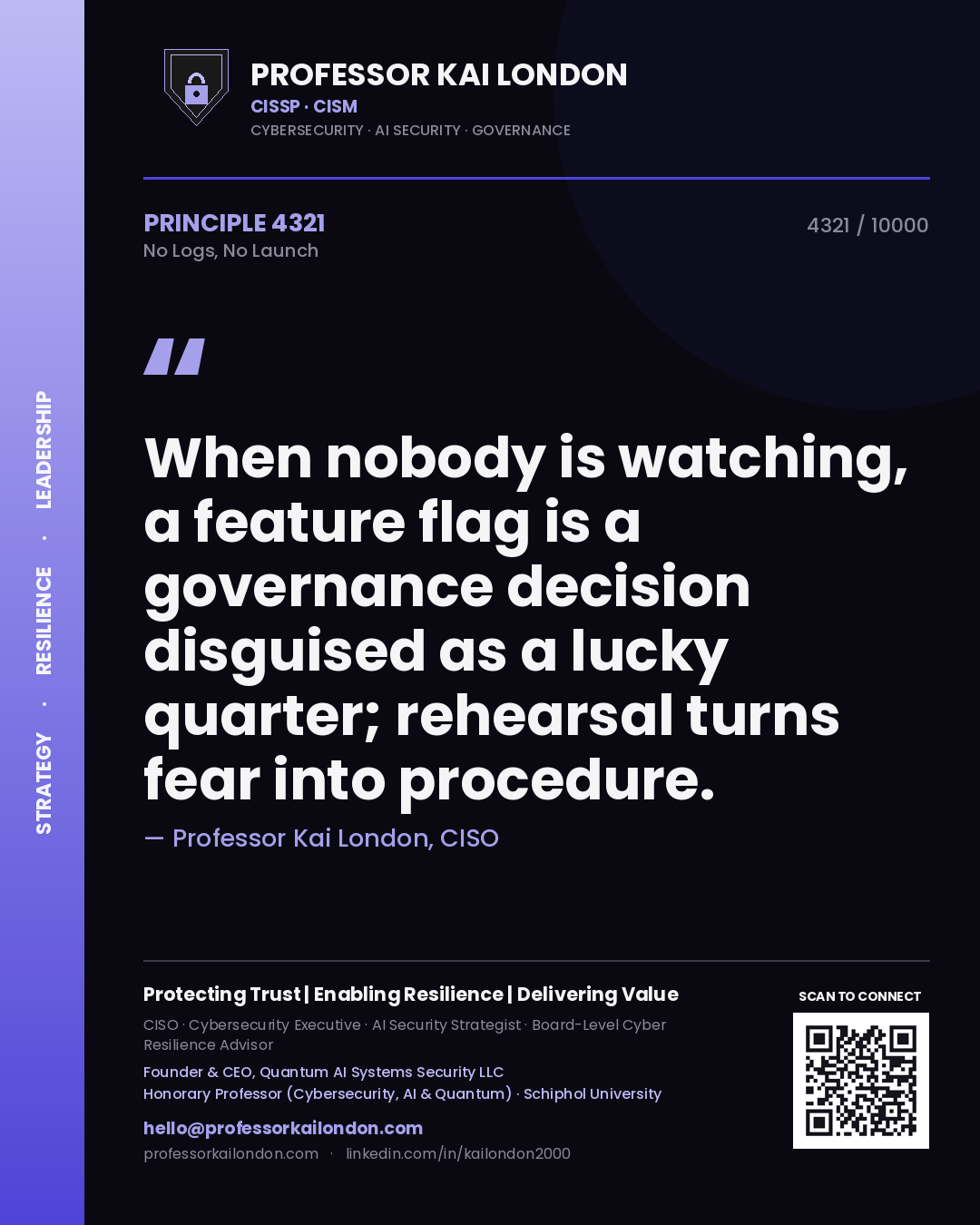 Professor Kai London principle 4321: When nobody is watching, a feature flag is a governance decision disguised as a lucky quarter; rehearsal turns fear into procedure.