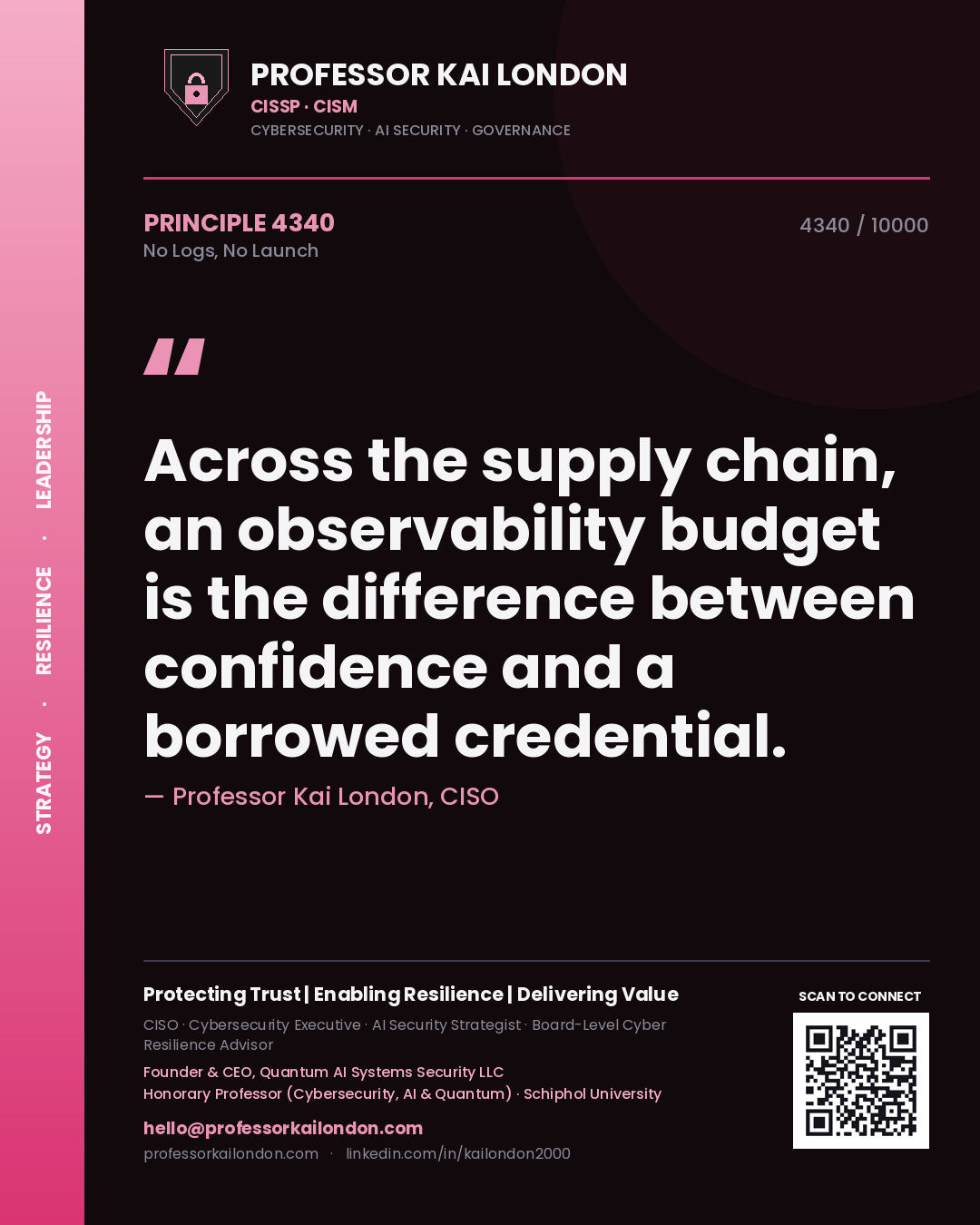 Quote card by Professor Kai London reading 'Across the supply chain, an observability budget is the difference between confidence and a borrowed credential.'. From the book No Logs, No Launch.