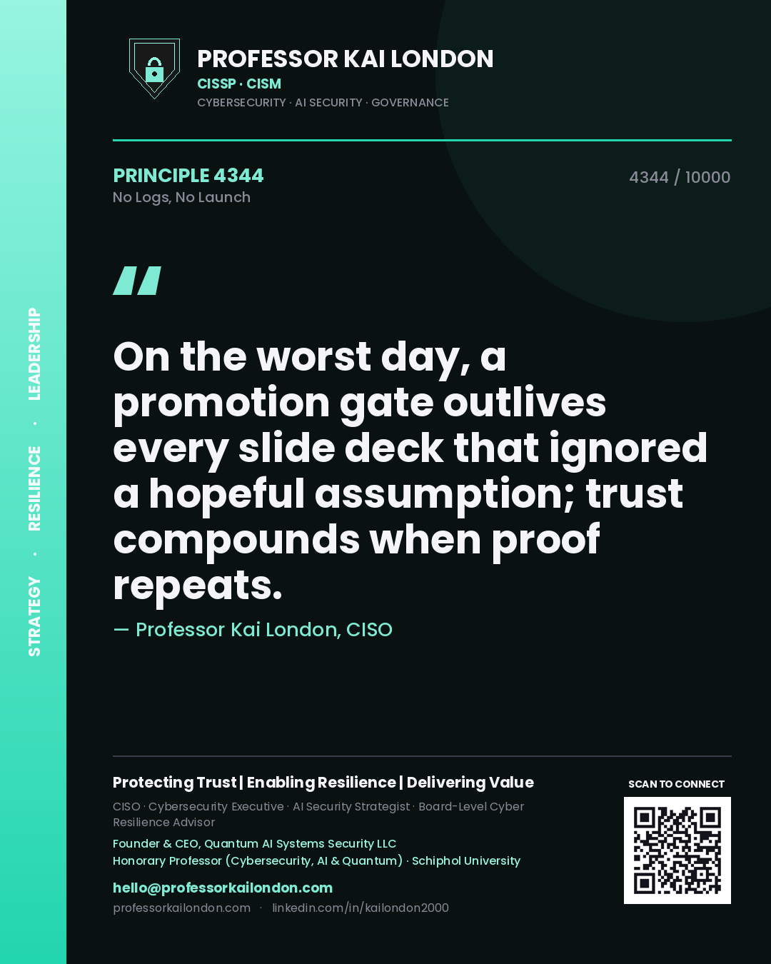 Quote card by Professor Kai London reading 'On the worst day, a promotion gate outlives every slide deck that ignored a hopeful assumption; trust compounds when proof repeats.'. From the book No Logs, No Launch.